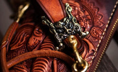 Handmade Leather Tooled Ganesh Mens Chain Biker Wallets Cool Leather Wallet Zipper Long Wallets for Men