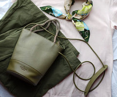 Cute Leather Green Womens Mini Bucket Purse Handbag Barrel Shoulder Bag for Women
