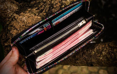 Handmade Leather Tooled Yellow Jambhala Mens Chain Biker Wallets Cool Leather Wallet Zipper Long Wallets for Men