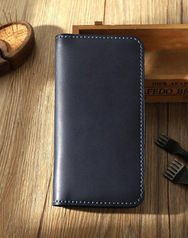 Blue Leather Mens Bifold Long Wallets Personalized Handmade Blue Travel Leather Wallet for Men