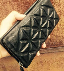 Genuine Leather Mens Cool Long Leather Wallet Zipper Clutch Wristlet Wallet for Men