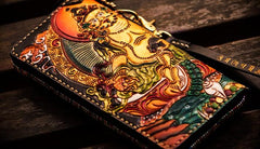 Handmade Leather Tooled Yellow Jambhala Mens Chain Biker Wallet Cool Leather Wallet Zipper Long Wallet for Men