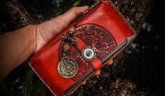 Handmade Leather Tibetan Mens Chain Biker Wallets Cool Leather Wallet Long Clutch Wallets for Men