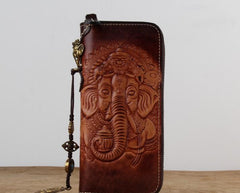 Handmade Leather Ganesha Tooled Biker Chain Mens Long Wallet Cool Leather Wallet Clutch Wallet for Men