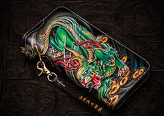 Handmade Leather Chinese Monster Mens Long Chain Biker Wallet Tooled Leather Wallet With Chain Wallets for Men
