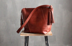 Vintage LEATHER WOMEN Bucket Bag SHOULDER BAG Purse with Tassel FOR WOMEN