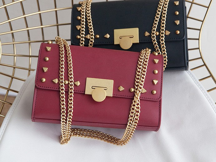 Leather Stylish Womens Rivet Handbag Work Purse Chain Shoulder Bag for