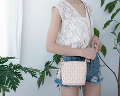 Cute Leather Beige Braided Womens Small Crossbody Purse Mini Shoulder Bag for Women