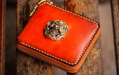 Handmade Leather Tibetan Tooled Mens billfold Wallet Cool Small Chain Wallet Biker Wallet for Men
