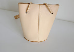 Handmade Leather Beige Womens Bucket Purse Barrel Shoulder Bags for Women