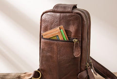 Coffee Leather Mens Sling Bag Sling Shoulder Bag Sling Chest Bag for men