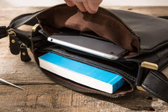 Cool Leather Black Mens Messenger Bags Vintage Shoulder Bags  for Men