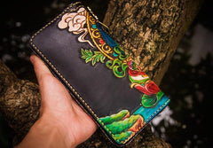 Handmade Leather Tooled Yellow Jambhala Mens Chain Biker Wallets Cool Leather Wallet Zipper Long Wallets for Men