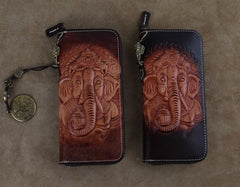 Handmade Leather Ganesha Tooled Biker Chain Mens Long Wallet Cool Leather Wallet Clutch Wallet for Men