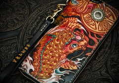 Handmade Leather Tooled Carp Mens Chain Biker Wallet Cool Leather Wallet Long Phone Wallets for Men