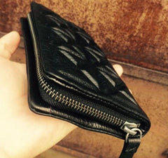 Genuine Leather Mens Cool Long Leather Wallet Zipper Clutch Wristlet Wallet for Men