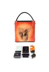 Handmade Womens Tooled Leather Square Handbag Purse Deer Crossbody Bag for Women