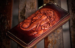 Handmade Leather Tooled Ganesh Mens Chain Biker Wallets Cool Leather Wallet Zipper Long Wallets for Men