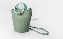 Cute Green Leather Womens Mini Bucket Purse Handbag Barrel Shoulder Bag for Women