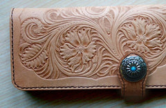 Handmade Mens Tooled Floral Beige Leather Long Biker Wallet Cool Long Chain Wallet for Men