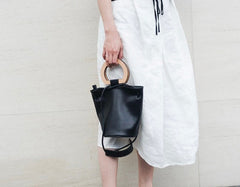 Cute Leather Black Womens Mini Bucket Purse Handbag Barrel Shoulder Bag for Women
