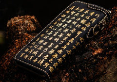 Handmade Leather Mens Chinese Handwriting Biker Chain Wallet Cool Leather Wallets Long Wallets for Men