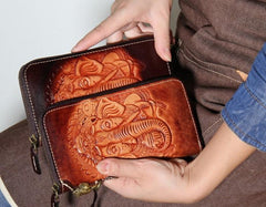 Handmade Leather Ganesha Tooled Biker Chain Mens Long Wallet Cool Leather Wallet Clutch Wallet for Men