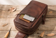 Coffee Leather Mens Sling Bag Sling Shoulder Bag Sling Chest Bag for men