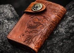 Handmade Leather Tooled Skull Indian Chief Biker Wallets Mens Cool billfold Chain Wallet Trucker Wallet with Chain