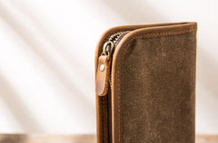 Cool Canvas Leather Mens Bifold Long Wallet Zipper Long Wallet for Men