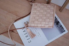 Cute Leather Beige Braided Womens Small Crossbody Purse Mini Shoulder Bag for Women