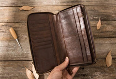 Cool Leather Mens Coffee Long Zipper Clutch Wallet Long Wallet for Men