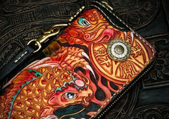 Handmade Leather Tooled Carp Mens Chain Biker Wallet Cool Leather Wallet Long Phone Wallets for Men