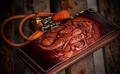 Handmade Leather Tooled Ganesh Mens Chain Biker Wallets Cool Leather Wallet Zipper Long Wallets for Men