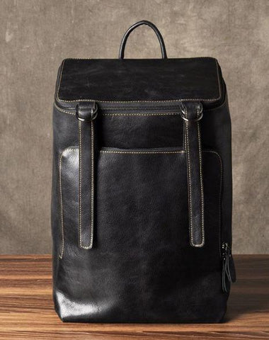 Genuine Leather Mens Cool Backpack Large Black Fashion Travel Backpack for men