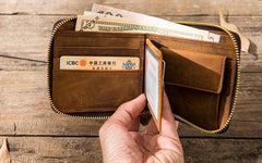 Cool Leather Vintage Mens Small Wallets Zipper billfold Wallets for Men