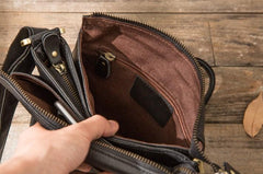 Cool Leather Black Mens Messenger Bags Vintage Shoulder Bags  for Men