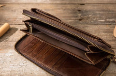 Cool Leather Mens Coffee Long Zipper Clutch Wallet Long Wallet for Men
