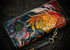 Handmade Leather Tooled Carp Mens Chain Biker Wallet Cool Leather Wallet Long Phone Wallets for Men