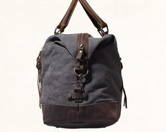 Gray Mens Leather Canvas Large Weekender Bag Canvas Travel Bag for Men