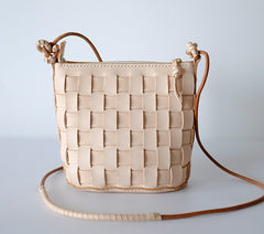 Cute Leather Beige Braided Womens Small Crossbody Purse Mini Shoulder Bag for Women