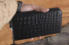 Handmade Genuine Leather Mens Cool Long Leather Wallet Zipper Clutch Wristlet Wallet for Men