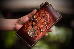 Handmade Leather Tooled Ganesh Mens Chain Biker Wallets Cool Leather Wallet Zipper Long Wallets for Men
