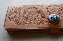 Handmade Mens Tooled Floral Beige Leather Long Biker Wallet Cool Long Chain Wallet for Men