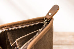 Cool Canvas Leather Mens Bifold Long Wallet Zipper Long Wallet for Men