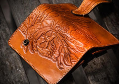 Handmade Leather Tooled Skull Indian Chief Biker Wallets Mens Cool billfold Chain Wallet Trucker Wallet with Chain
