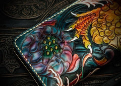 Handmade Leather Tooled Carp Mens Chain Biker Wallet Cool Leather Wallet Long Phone Wallets for Men