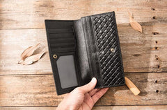 Cool Black Braided Leather Mens Long Wallet Long Wallet for Men