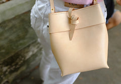 Handmade Leather Beige Womens Bucket Purses Barrel Shoulder Bags for Women