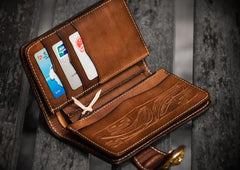 Handmade Leather Tooled Skull Indian Chief Biker Wallets Mens Cool billfold Chain Wallet Trucker Wallet with Chain